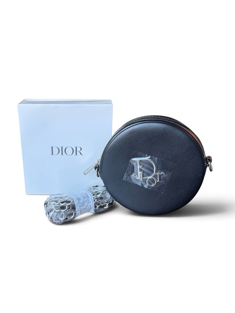 Christian Dior Beauty Black Round Crossbody Bag Silver Chain Logo Mini Purse